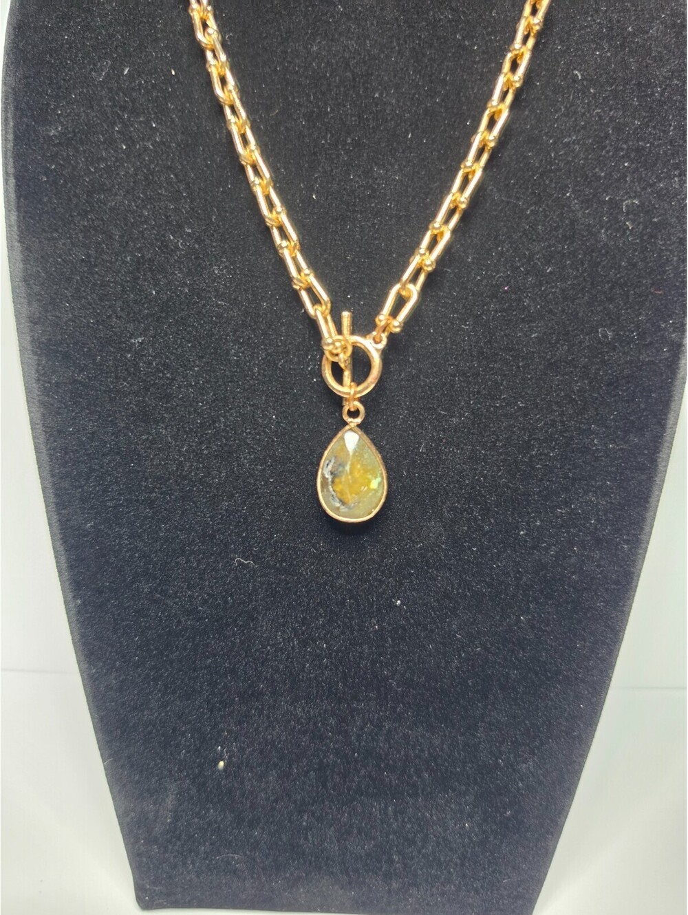 Gold Tone Paperclip Chain Necklace Teardrop Green Tourmaline Toggle Charm 16"